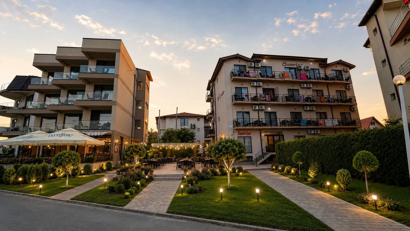 Vila Sunrise din Costinești la apus, cu grădina și terasa luminate